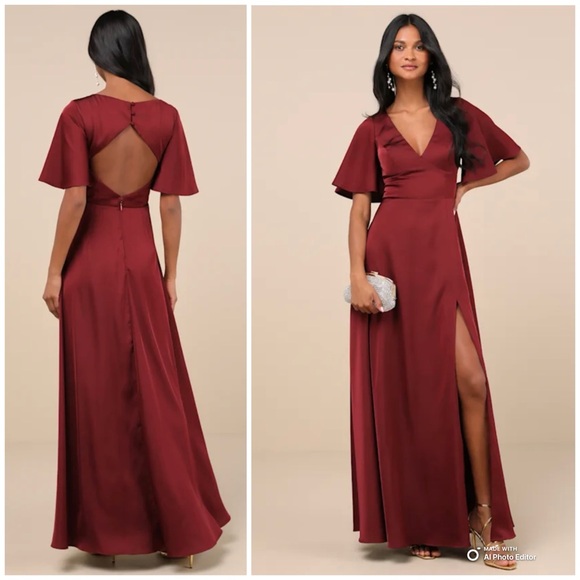Lulus Small Elegant Confidence Red Satin Flutter Sleeve Cutout Maxi Dress NWT - Picture 1 of 17